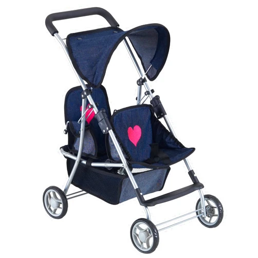 The New York Doll Collection First Twin Stroller - Cutest Heart Design Baby Strollers Great Toy Gift for Toddlers and Girls (Denim) Blue,pink