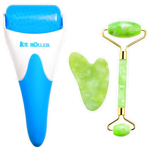 AECW Natural Stone Jade Roller And Gua Sha Set For Face and Eye Ice Roller Facial Cooling Massage Roller