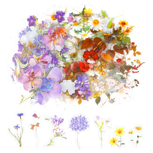 DIVINA VITAE 120 Pcs Transparent Flower Stickers for Scrapbooking PET Nature Plant Sticker Vintage Craft Floral Stickers Colorful Small Flower Sticker for Journaling Scrapbook Supplies for Adults Kids