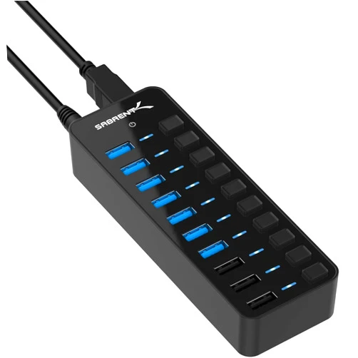 SABRENT 60W 10 Port USB 3.0 Hub Includes 3 Smart Charging Ports with Individual Power Switches and LEDs and 60W 12V/5A Power Adapter (HB-B7C3)