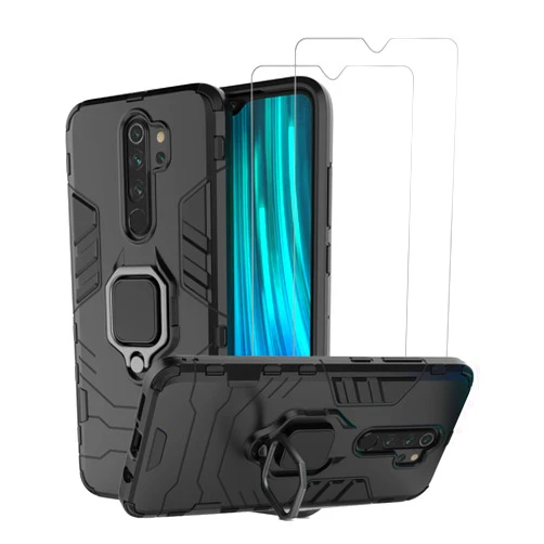 Urspasol for Xiaomi Redmi Note 8 Pro Case with Screen Protector Tempered Glass Hybrid Heavy Duty Armor Protective Bumper Cover with 360° Degree Ring Holder Kickstand (Black)