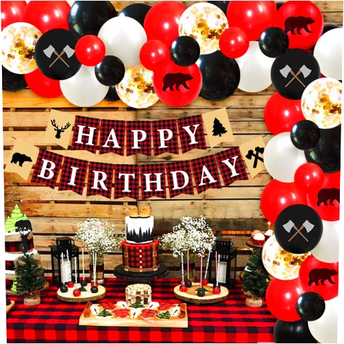 Kreatwow Lumberjack Birthday Party Decorations Balloon Garland Arch Kit Buffalo Plaid Birthday Party Banner Supplies Camping Bear Wild Birthday Decor for 1st 2nd 3rd Boys Girls