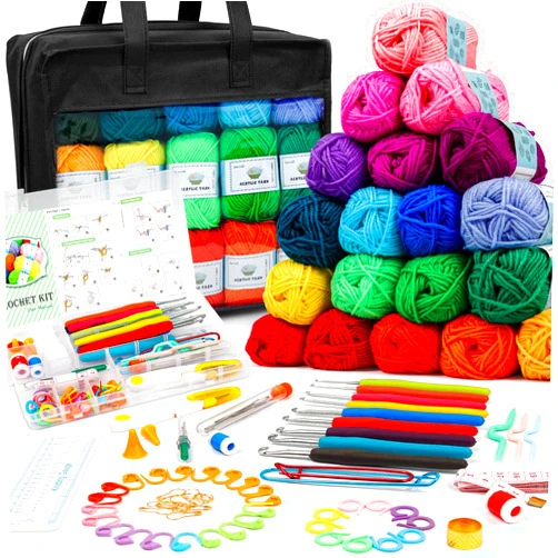 INSCRAFT 103 PCS Crochet Kit with Crochet Hooks Yarn Set, Premium Bundle Includes 1650 Yards Acrylic Yarn Skeins Balls, Needles, Accessories, Bag, Ideal Starter Pack for Kids Adults Beginner Professionals