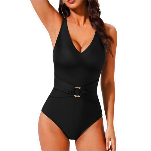 SUUKSESS Women Retro One Piece Swimsuit Metal Tummy Control V Neck Bathing Suit