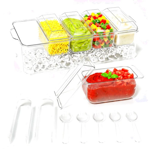 ARSTPEOE Condiment Tray, Chilled Condiment Server for Home, Party, Celebration, Bar Garnish Holder on Ice, Bar Accessories Fruit and Salad with Removable Trays and Lids (5 Spoons & 2 Tongs)