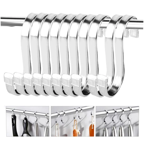 HTBMALL 10 Pack Flat S Hooks - Stainless Steel Heavy Duty 3inch S Hooks for Hanging pots, Pans, Plants, Coffee Mugs, Towels in Kitchen and Bathroom, Coat, Bag, Work Shop, Perfect Rack Hooks