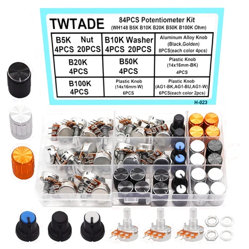 TWTADE 84PCS Potentiometer Kit WH148 B5K B10K B20K B50K B100K Ohm Linear Rotary Potentiometer with Plastic Knobs,Aluminum Alloy Knobs,Nuts and washers H-023