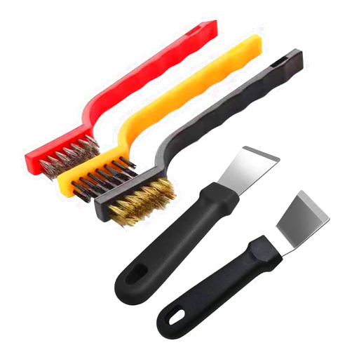 ZAOIIZ 5Pcs Kitchen Stove Cleaning Brush + Scraper Tool Set, Brass, Stainless Steel and Nylon Brush Head Brushes for Range Hood Grease Grime, Heavy Duty Scraper for Gas Burners Cooktop Pot Pan