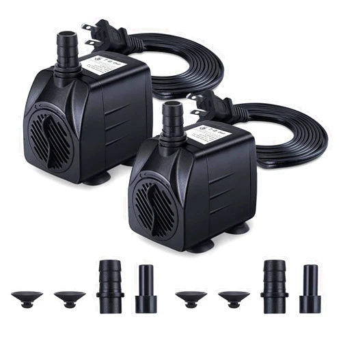 CWKJ Fountain Pump, 2 Packs 160GPH(10W 600L/H) Submersible Water Pump, Durable Outdoor Fountain Water Pump with 7.2ft（2.2m）Power Cord, 3 Nozzles for Aquarium, Pond, Fish Tank, Water Fountain Pump