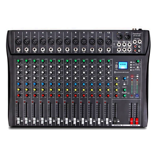 Depusheng DT12 Studio Audio Mixer 12-Channel DJ Sound Controller Interface w/USB Drive for Computer Recording Input, XLR Microphone Jack, 48V Power, RCA Input/Output for Professional and Beginners