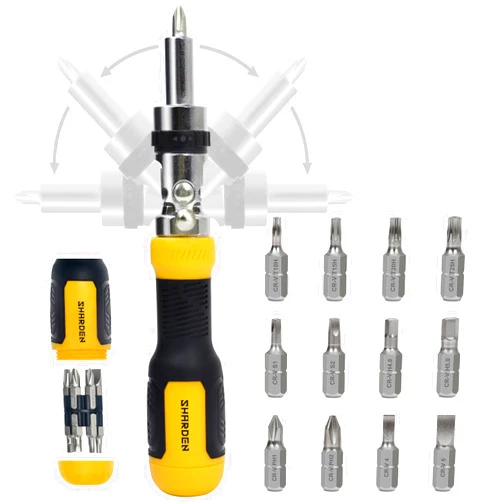 SHARDEN Ratcheting Screwdriver Multi Bit Screw Driver 13-in-1 Tool Ratchet Screwdriver Set Flat Head/Square/Torx/Hex/Phillips Screwdriver, 180 Degree Pivoting Adjustable Angle Magnetic Screwdriver