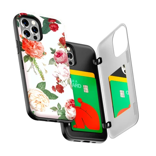 GOOSPERY for iPhone 12/12 Pro (2020) 6.1-Inch Card Holder Wallet Case, Protective Dual Layer Bumper Phone Back Cover with Hidden Mirror - Pink Flower