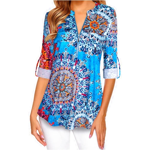 Siddhe Women 3/4 Sleeve Plus Size Tunics Zip Front V-Neck Tops Casual Loose Fit T Shirt Blouse