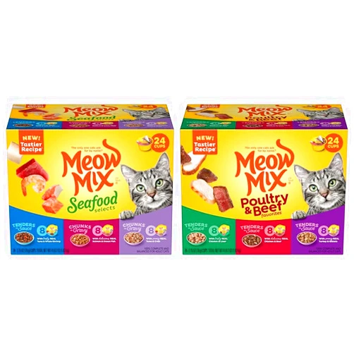 Meow Mix Wet Cat Food Bundle: Seafood Selects Variety Pack, 2.75 Ounce Cup (Pack of 24) + Tenders in Sauce Poultry & Beef Variety Pack, 2.75 Ounce (Pack of 24)