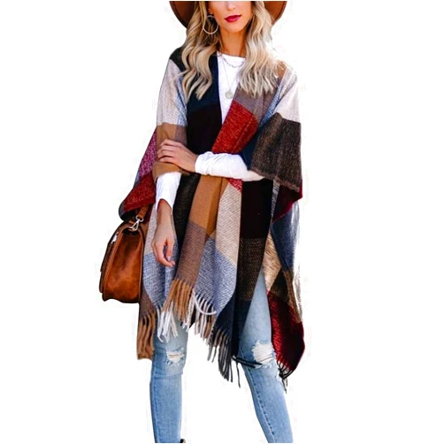 VIMPUNEC Women Boho Buffalo Plaid Poncho Pashmina Shawl Wrap Cape Sweater Knitting Cardigan with Tassel