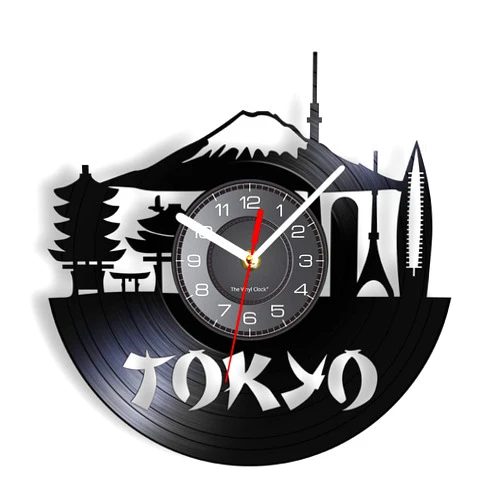 OTKU 12 inch Clock Tokyo Skyline Decorative Wall Clock for Enterprise Office Japanese Cityscape Vinyl Album Re-purposed Record Clock Japan Souvenir for Vintage Room Decoration
