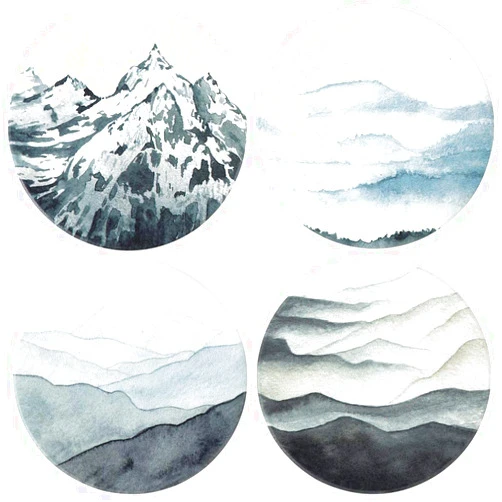 Lahome Mountain Range Coasters - Round Drinks Absorbent Stone Coaster Set With Ceramic Stone and Cork Base for Kinds of Mugs and Cups (Mountain Range, 4)