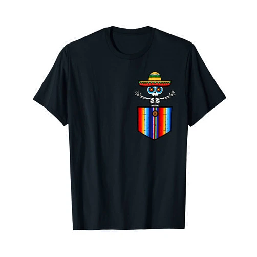 Cinco De Mayo Shirts Women Men Kids Mexican Gifts Serape Skeleton Mariachi Pocket Cinco De Mayo Mexican Party T-Shirt