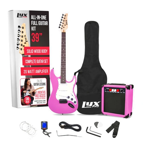 LyxPro 39 inch Electric Guitar Kit Bundle with 20w Amplifier, All Accessories, Digital Clip On Tuner, Six Strings, Two Picks, Tremolo Bar, Shoulder Strap, Case Bag Starter kit Full Size - Retro Purple
