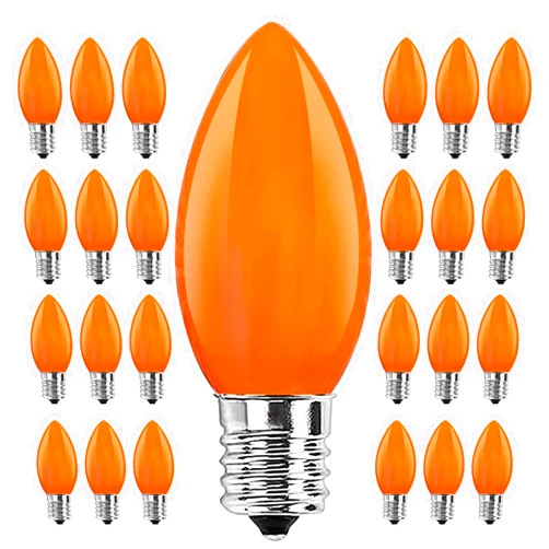 Doratale C9 Orange Replacement Bulbs, 25 Pack C9 Ceramics Orange Halloween Light Bulbs for Indoor Outdoor Patio Halloween Christmas String Lights, C9/E17 Intermediate Base Bulb, 7 Watt Incandescent Night Light