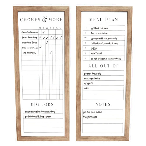 Sheffield Home Set of Two Family Planner Dry Erase Boards Featuring, Chore Chart, Shopping List, Weekly Meal Planner and Notes, 9x21 Inch, Natural