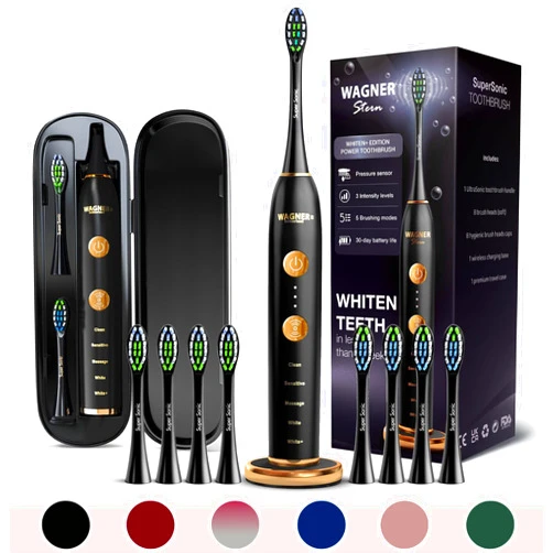 Wagner Stern WHITEN+ Edition. Whitening Electric Toothbrush with Pressure Sensor. Offers 5 Brushing Modes, 3 intensities, 8 Soft Brush Heads, and a Luxury Travel case.