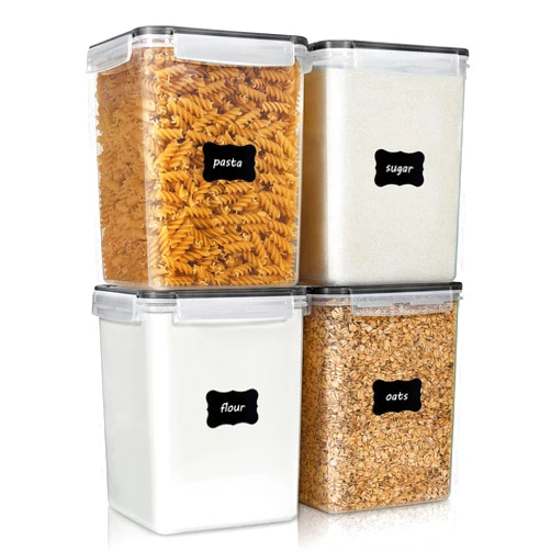 Vtopmart Large Food Storage Containers 5.2L / 175oz, 4 Pieces BPA Free Plastic Airtight Canisters for Flour, Sugar, Baking Supplies, Rice with Lids, 4 Measuring Cups and 24 Labels, Black