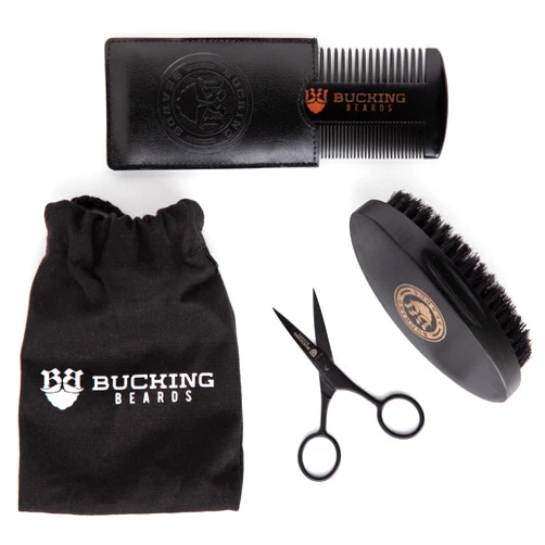 Bucking Beards Starter Grooming Kit - Includes Travel Bag, Wooden Comb with Pouch, Bristle Brush, and Mustache Scissors