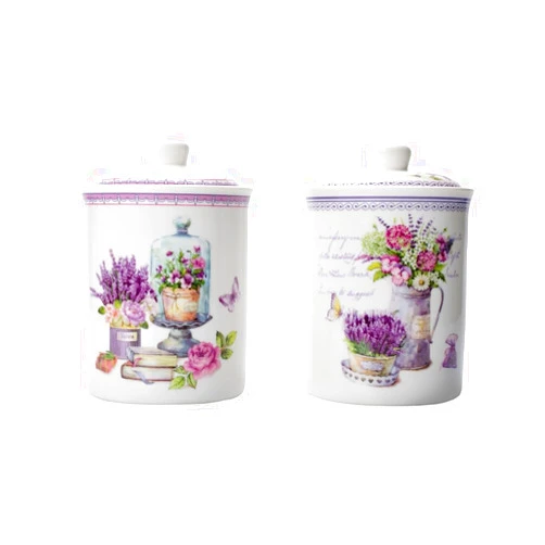 XITELIY Ceramic Canisters Set with Ceramic Lid, Storage Jar for Kitchen Countertop Serving Coffee, Tea, Sugar, Spices, Salt, Flour, Dog Treats (26.5oz, Set of 2, Purple Lavender Pattern)