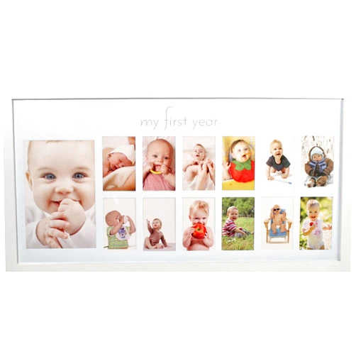 Green Pollywog Baby's First Year Frame in Elegant White Natural Wood - My First Year Baby Picture Frame for Photo Memories (White)
