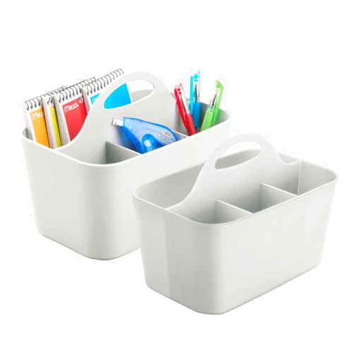 mDesign Plastic Small Office Storage Organizer Utility Tote Caddy with Handle for Cabinets, Desks, Workspaces - Holds Desktop Office Supplies, Pencils, Staplers Lumiere Collection, 2 Pack, Light Gray