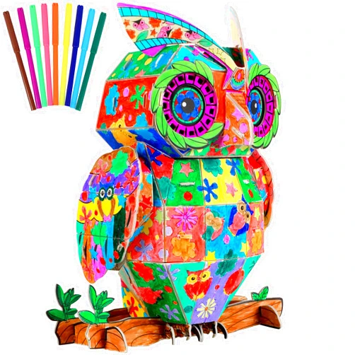 Qyeahkj 3D Coloring Puzzles for Kids Creative Owl Crafts Arts Set for Kids Ages 8-12 DIY Painting Puzzles with 10 Colouring Pens Fun Toy Gifts Wall Hang Decoration for Girls Boys Age 6 7 8 9 10 11 12
