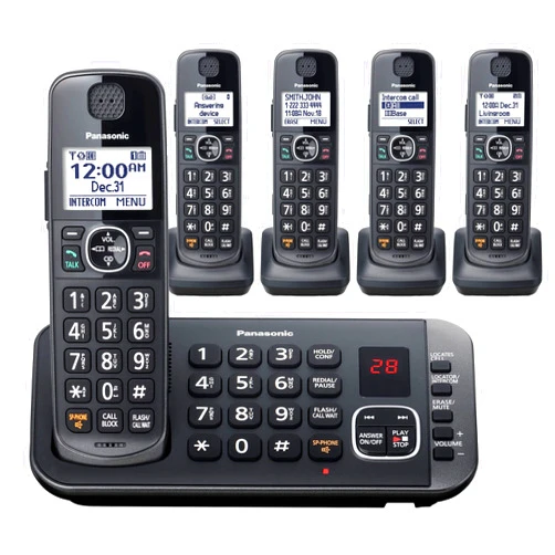 Panasonic DECT 6.0 Expandable Cordless Phone System with Answering Machine and Enhanced Noise Reduction - 5 Handsets - KX-TGE645M (Metallic Black)
