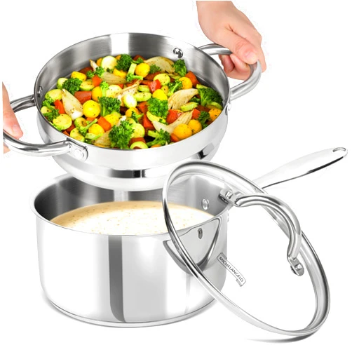 MICHELANGELO Stainless Steel Saucepan with Lid & Steamer, 3 Quart Sauce Pan with Lid, Steamer Pot with Pour Spout, 3 Qt Stainless Steel Pot, Induction Compatible, Oven Safe