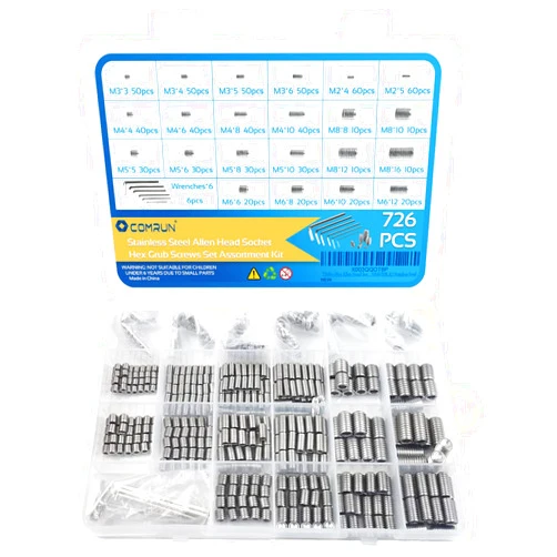 COMRUN 726Pcs Hex Allen Head Socket Set Screw Bolts Set Grub Screw Assortment Kit with Internal Hex Drive M2/M3/M4/M5/M6/M8,A2 Stainless Steel