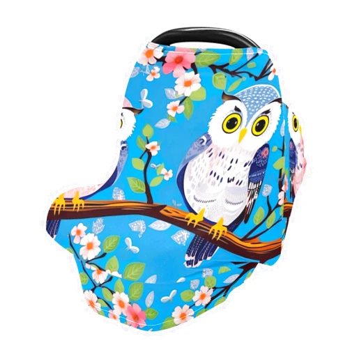 WELLDAY Baby Car Seat Covers Cute Owls Blue Stretchy Breastfeeding Scarf Breathable Infant Carseat Canopy Nursing Covers Multi Use for Stroller High Chair Shopping Cart Boys and Girls