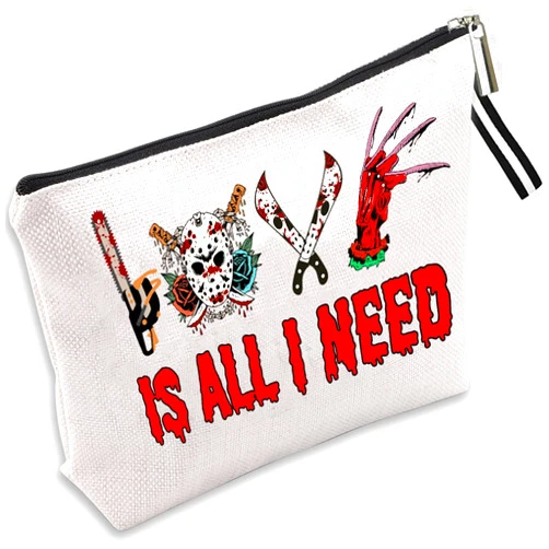 TTBDKKDM Horror Characters Cosmetic Bag Love Is All I Need Makeup Bag Scary Movie Lover Gift Makeup Bag With Zipper Dressing Bag Travel Toiletry Storage Bag