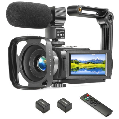 Kimonie Camcorder FHD 1080P Video Camera for YouTube with 30FPS 36MP 3.0 Inch 270 Degree Rotation LCD, 16X Digital Zoom Vlogging Camera for Beginners with 2 Batteries Microphone, Remote, Stabilizer, Lens Hood