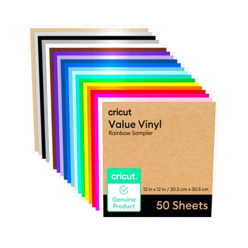 Cricut Value Permanent Vinyl - 50ft Rainbow Sampler, 12in x 12in Sheets (50 Count)