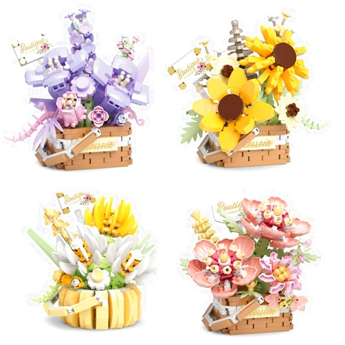 Insgen Flower Bouquet Building Decoration Bonsai Flower Basket Mini Building Blocks Set, Artificial Flowers Building Toys Botanical Collection DIY Unique Decoration Home (4set)
