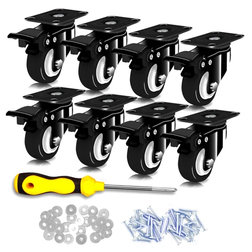 AKOSONE 2 Inch Caster Wheels Heavy Duty Set of 8, Locking Casters with Brake, Swivel Casters, No Noise Industrial Casters Polyurethane (PU), Castor Wheels for Furniture and Workbench (Black)