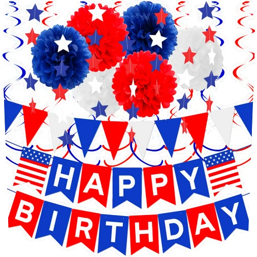 FINALFIESTA Blue White Red Happy Birthday Banner American Birthday Banner Kit for 4th of July HBD Party Decorations American Independence Day Patriotic USA Memorial Day Party Decoration Supplies