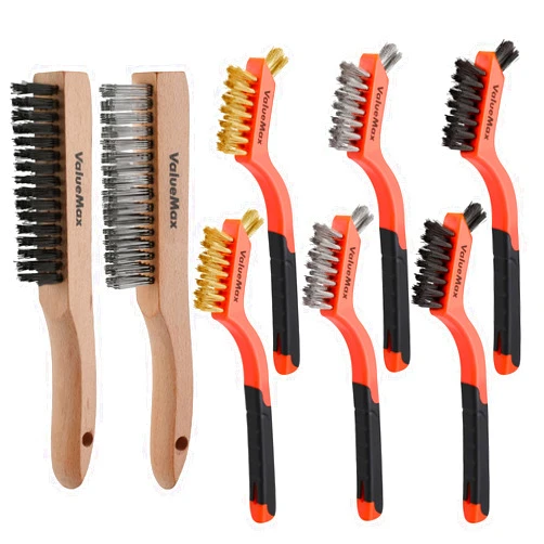 ValueMax Wire Brush Set, 8Pcs Stainless Steel/Brass/Nylon Bristles with Curved Handle Grip, Heavy Duty Stainless Steel Wire Scratch Brush with Beechwood Handle for Rust, Dirt and Paint Cleaning