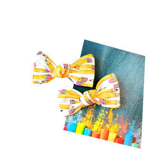 Vanaguelite School Pencil Hair Bows, Back to School hair Bows for toddlers and Girls, Hair Clips or headbands, handmade in USA (Pencils knot Pigtails Set)