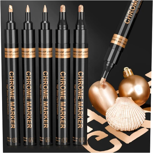 KERIFI Art Liquid Copper Chrome Markers, KERIFI Reflective Gloss Metallic Chrome Marker Set, Unique Bronze Mirror Marker Permanent, Touch Up Repair Paint Pen for Model Rock Metal Glass Plastic (5pack, 1-3mm)
