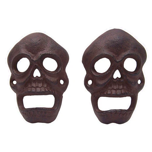 Wowser Cast Iron Skull Single Bottle Opener, Set of 2, Wall Mounted Accent Piece, Funny Bar Décor, Man Cave Bar Accessory, 4 Inches
