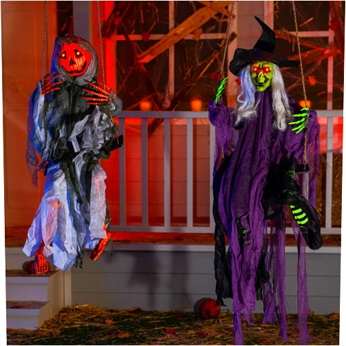 JOYIN Outdoor Halloween Decorations 2 Packs Hanging Ghosts Halloween Decor with Lighted Up Eyes, 3.9ft Witch Decor and 3ft Pumpkin Face Ghost Decorations Outside for Yard Patio Lawn Garden Party Décor