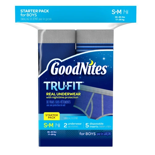 GoodNites Tru-Fit Real Underwear with Nighttime Protection Starter Pack for Boys, Size Small and Medium, 2-Underwear, 5-Disposable Inserts