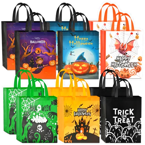 AhfuLife 6/12 Pcs Halloween Trick or Treat Bags, Large Halloween Tote Bags with Handles, Reusable Halloween Non-Woven Candy Bags for Halloween Party Supplies Favors (15''×11.8''×3.9’’)