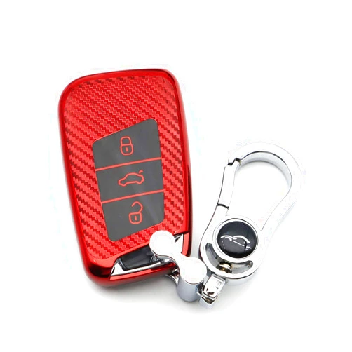 M.JVisun Soft Carbon Fiber Finish Car Key Fob Cover for Volkswagen Arteon Atlas Golf Alltrack Jetta Passat Taos SEL for Tiguan for Skoda Kodiaq Superb A7 Electroplated TPU Case with Keychain - Red